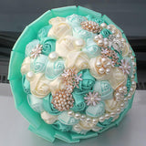 Bridal Wedding Bouquet With Rhinestone Brooch Pearl Bouquet For Bride Bridesmaid Satin Rose Artificial Flower Bouquet Wedding Quinceanera Mint Green And Ivory 8.3In