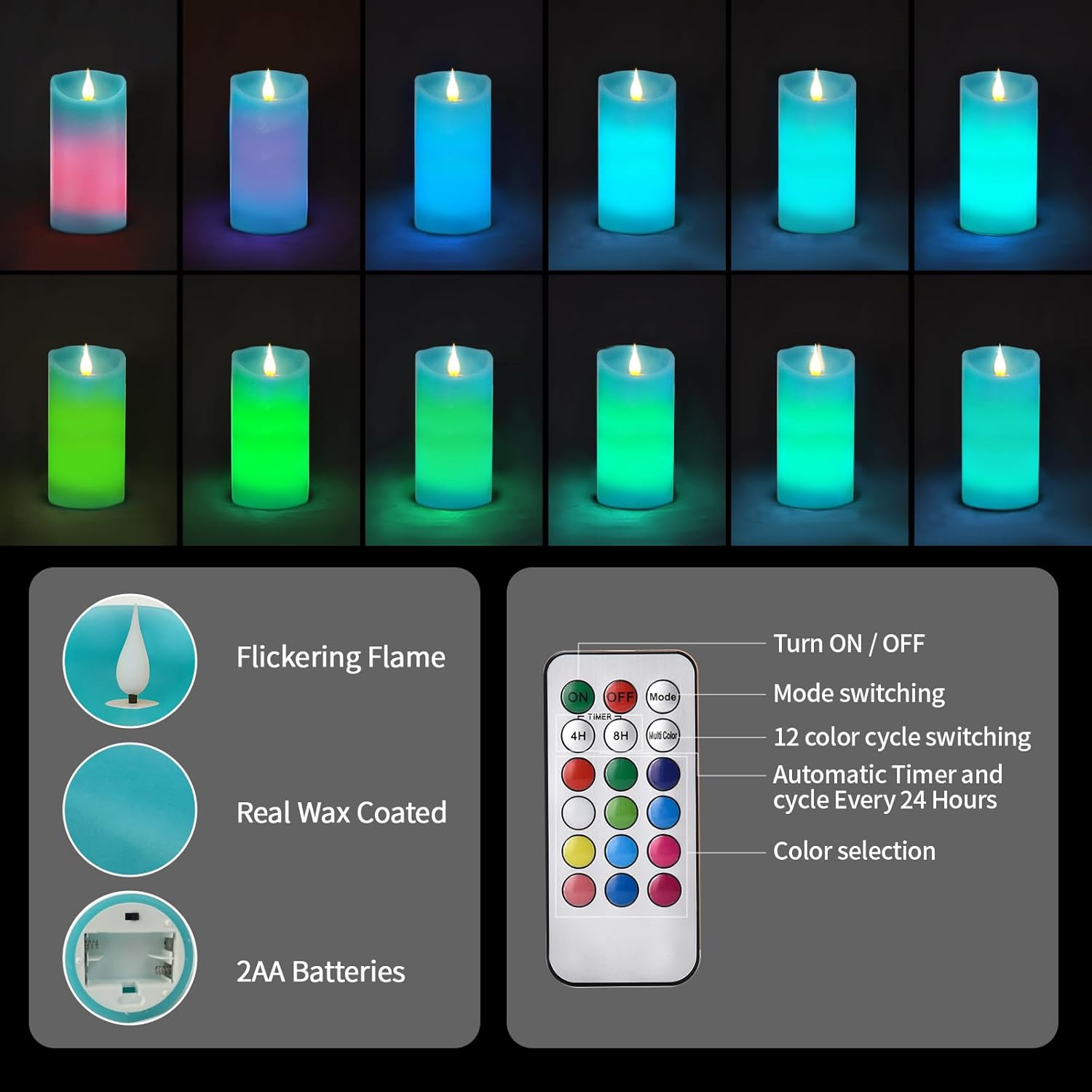 Teal Candles, Pillar Teal Flameless Candles Feature With Color Changing, Battery Operated Candles With Remote&Timer Control Pack Of 3 In Height 4''5''6''