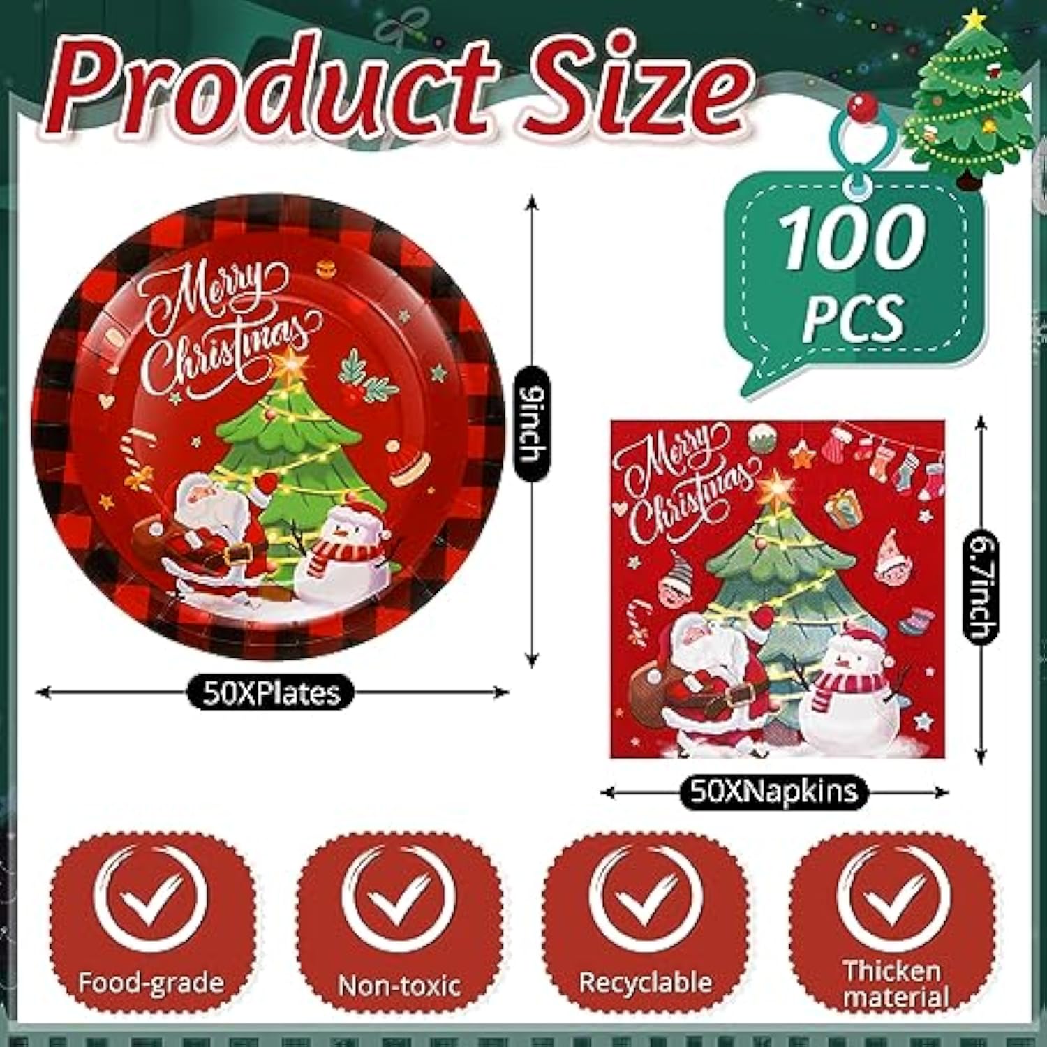 100 Pcs Christmas Paper Plates And Napkins Sets Disposable Dessert Plates Napkins Christmas Party Supplies Merry Christmas Tableware Set For Dinner Lunch Dessert Appetizer, Serves 50