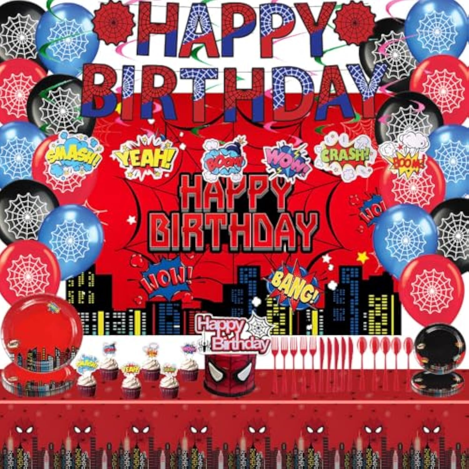 Spider Theme Birthday Party Supplies, Spider Party Decorations Including Birthday Banner, Backdrop, Hanging Swirls, Tablecloth, Balloons, Cake Toppers, Plates, Forks, Knives, Spoons For Spider Party