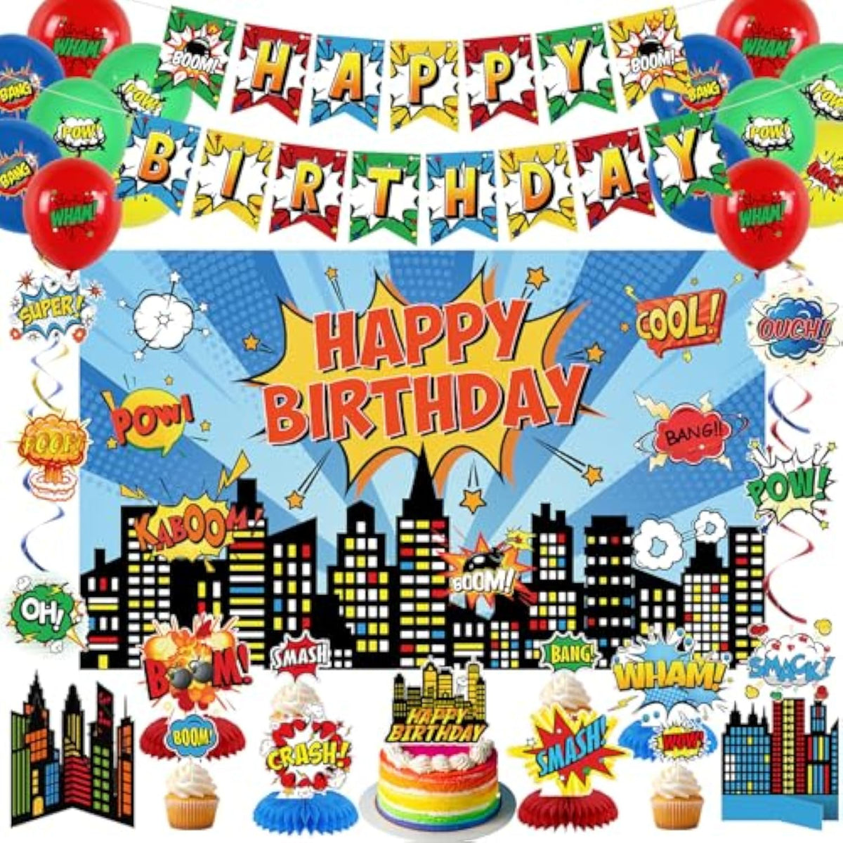 City Hero Birthday Decoration Set with Backdrop & Balloons