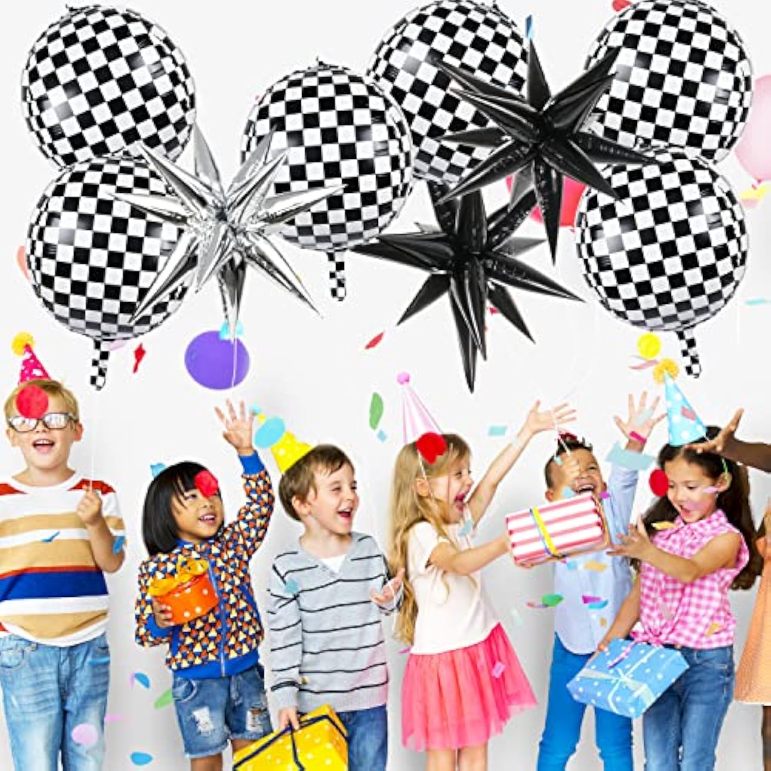 6 Pcs Race Car Checkered Balloons 3 Pcs Explosion Pointed Star Foil Balloons For Racing Party Decorations, 22'' Jumbo Sphere 4D Black And White Checkered Flag Mylar Balloons For Birthday Party