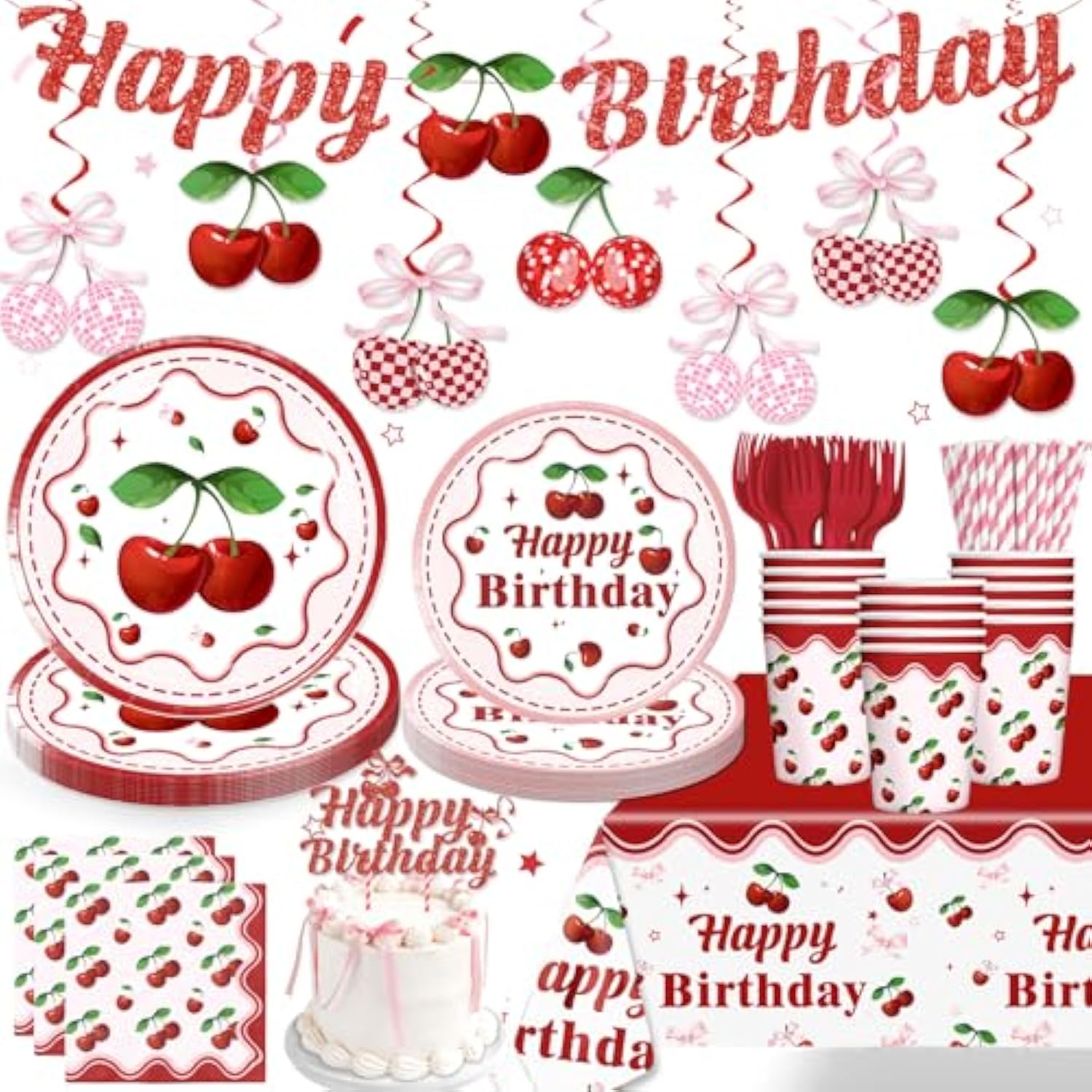 Cherry Birthday Decorations Tableware Set, 20 Serves Disposable Plates And Napkins Set, With Cake Topper, Banner, Tablecloth, For Cherry Party Decorations