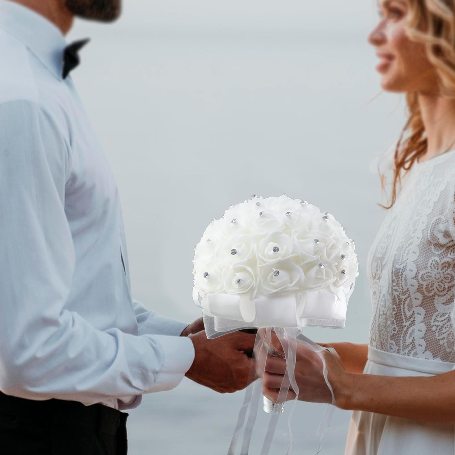 7.5Inches White Rhinestone Ribbon Bridal Wedding Bouquet 1Pcs Handmade Artificial Silk Holding Flowers For Wedding