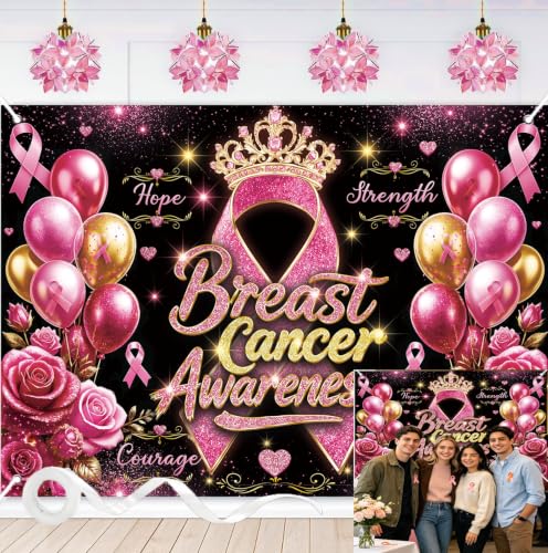 Breast Cancer Awareness Backdrop Pink Ribbon Crown Rose Gold Balloon Background Hope Faith Strength Charity Event Photo Booth Props 8x6FT
