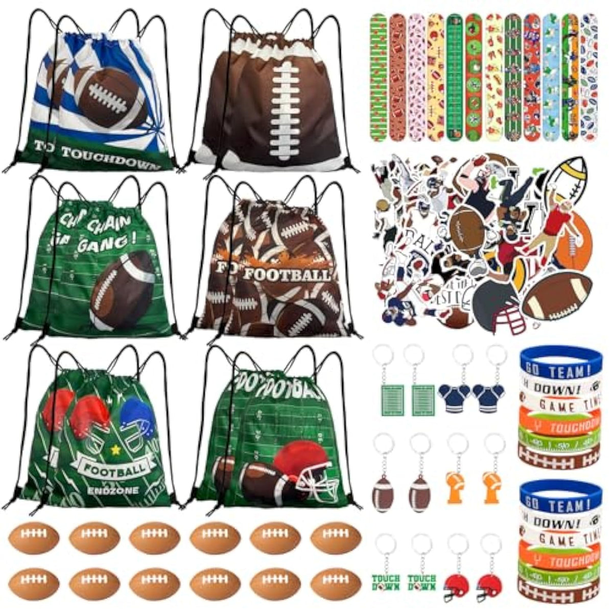 110Pcs Football Party Favors Drawstring Bags Football Goodie Bag With Mini Ball, Wristband, Slap Bracelets, Keychains, Stickers For Football Party Supplies