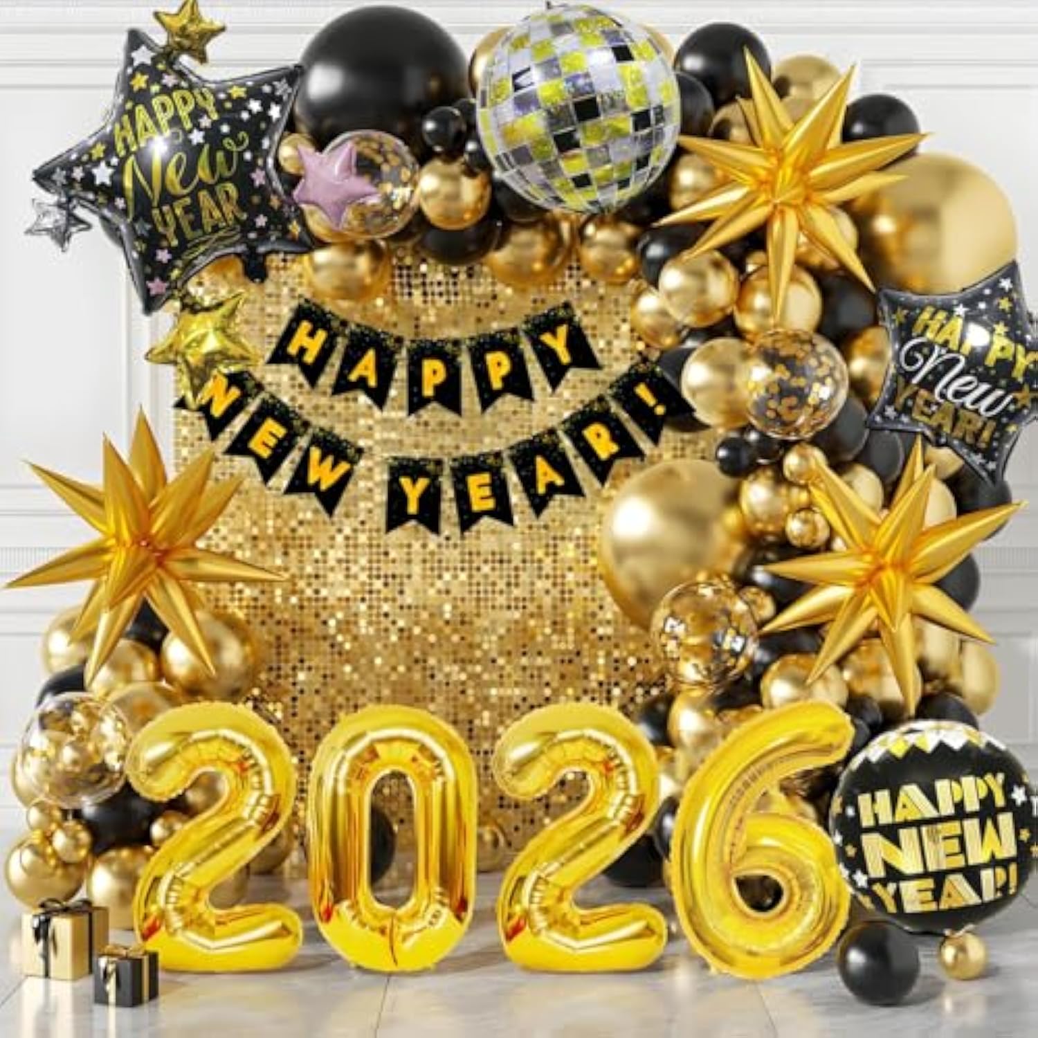 7Pcs 29.5in Black Gold Happy New Year 2026 Foil Balloons Party Decorations
