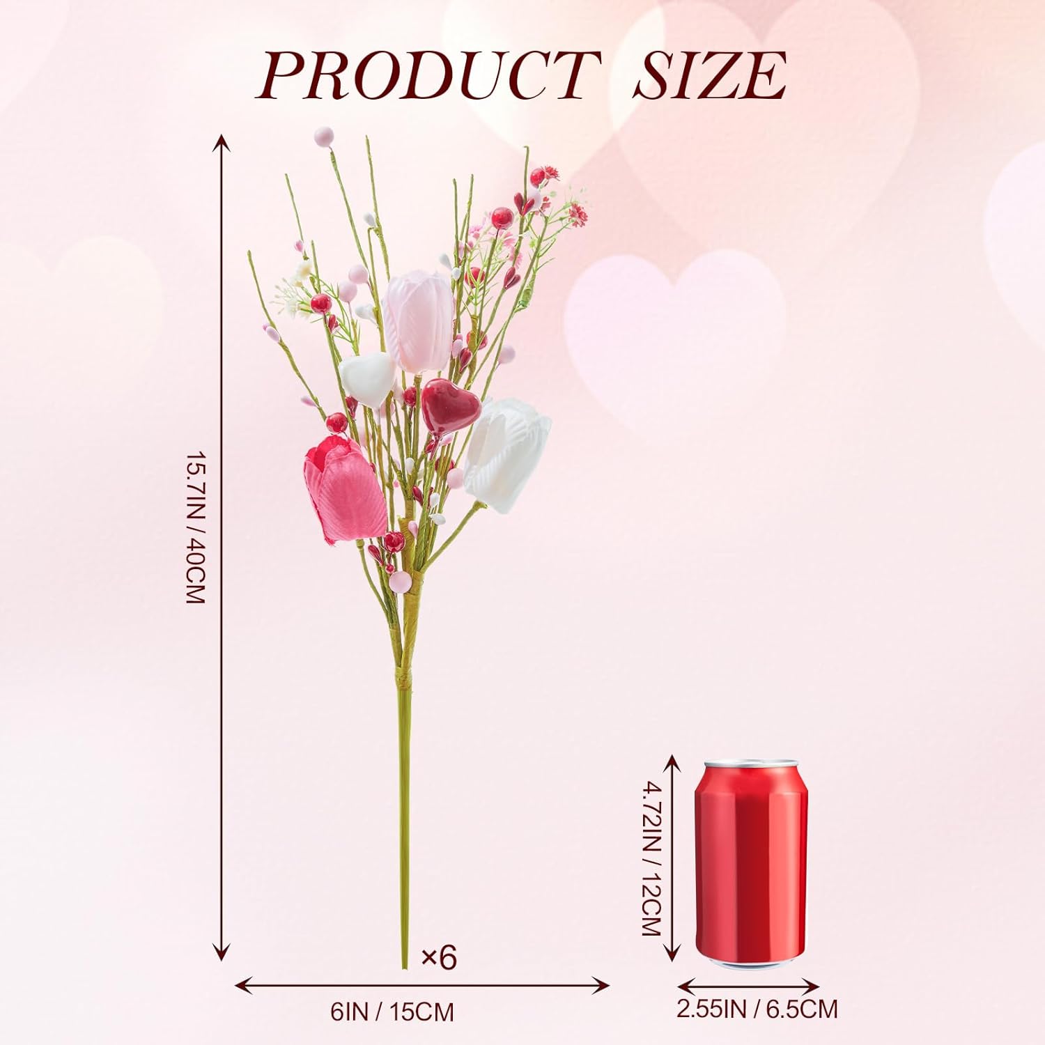 6Pcs Valentine'S Day Artificial Flowers, 15.7 Inch Tulip Heart Stems With Pink White Berries For Vase Centerpiece, Wedding Home Decor