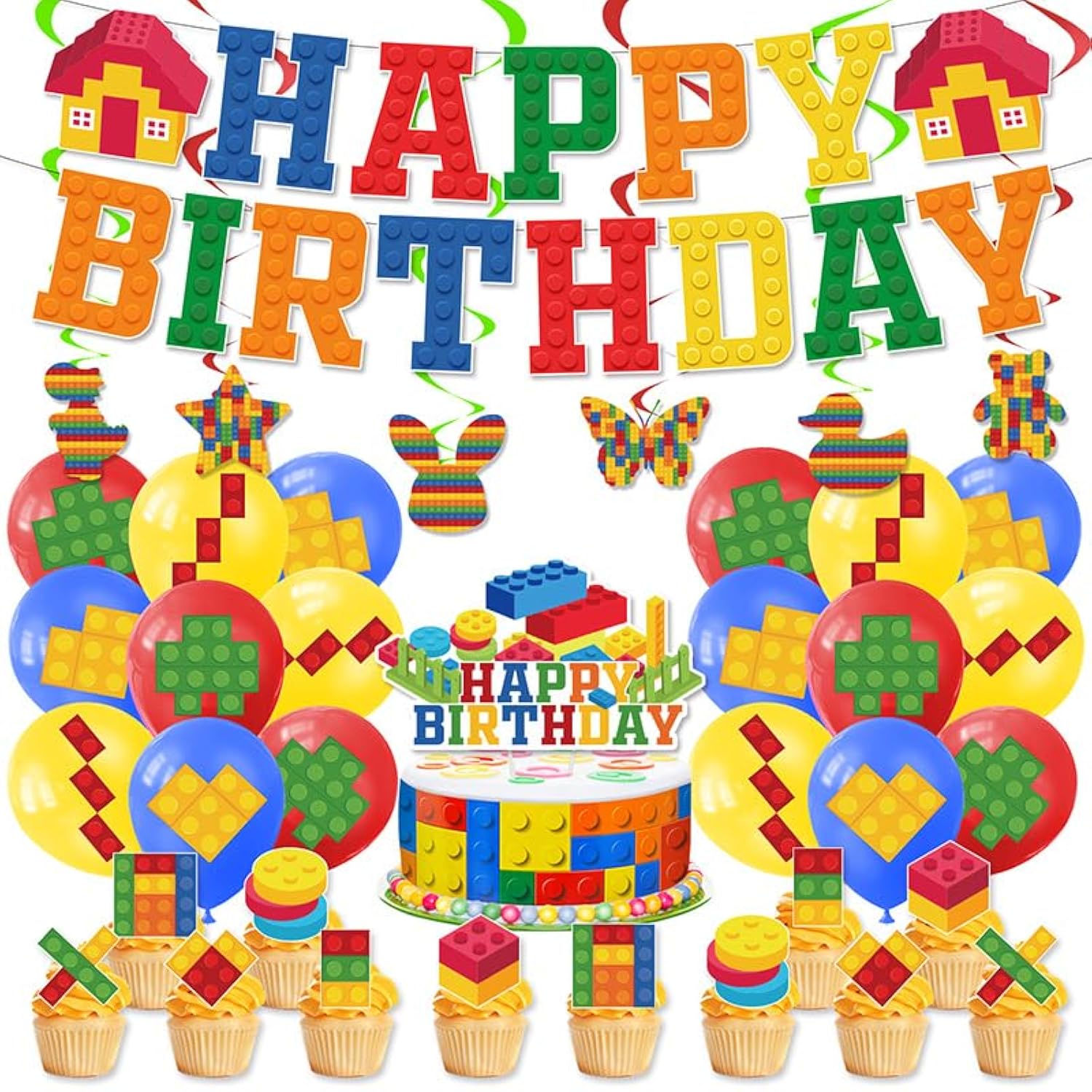 18Pcs Building Blocks Balloons, Latex, 12In, Red, Yellow, Blue, Green, White, Party Decorations, Kids Birthday Supplies