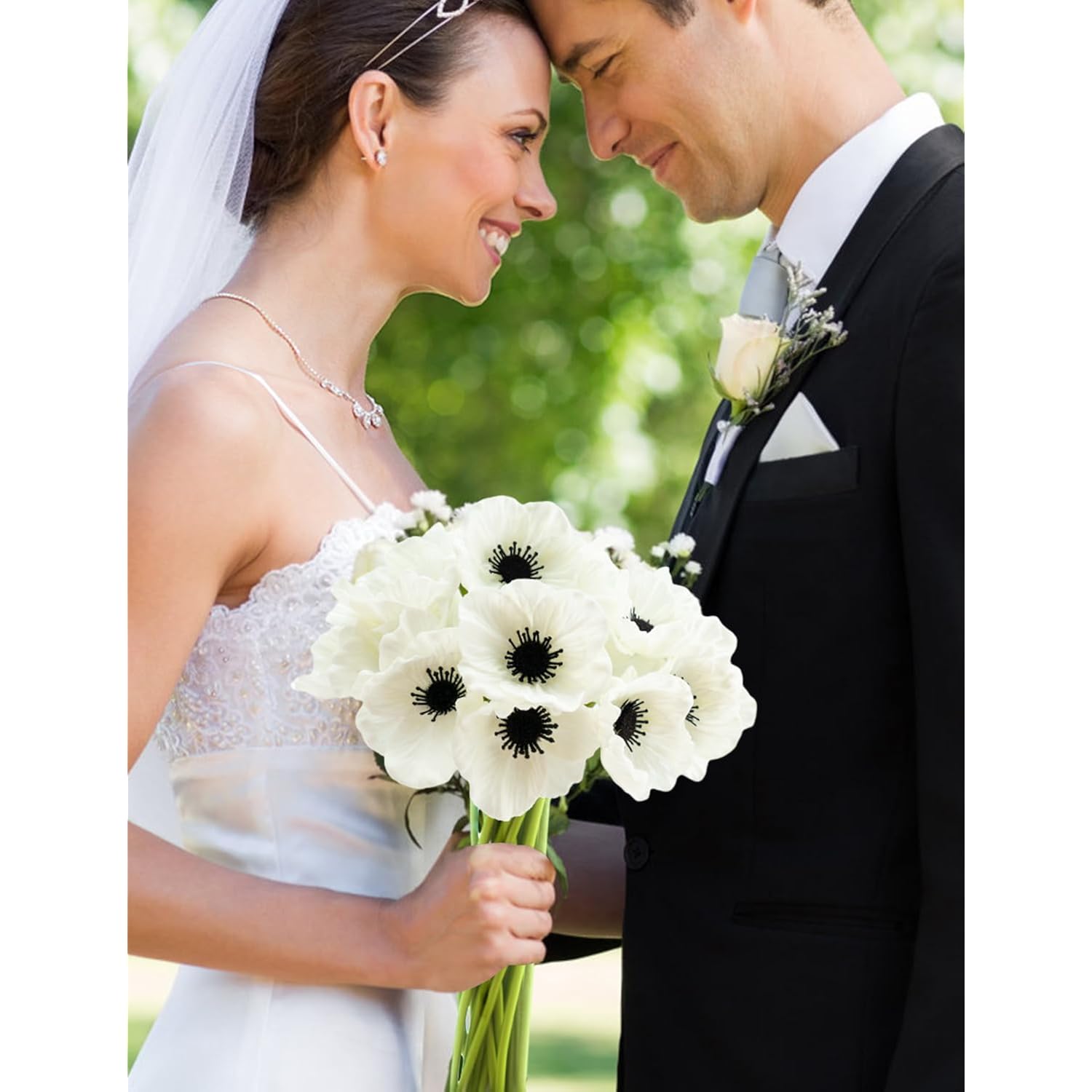 Artificial White Flower, 12 Pcs Black And White Flowers, 11 Inch Silk Anemone Flower, Stems Pu Real Touch Fake Flowers In White With Black Center For Wedding Memorial Day Centerpiece Home Kitchen