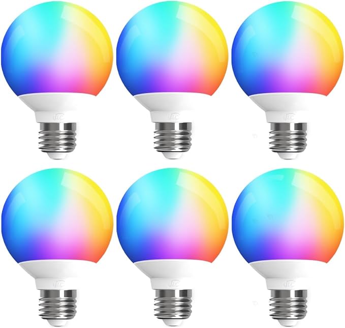 Globe Smart Light Bulbs 6 Pack E26 Bluetooth Mesh Vanity Bulbs RGB Color Changing 600LM App Controlled