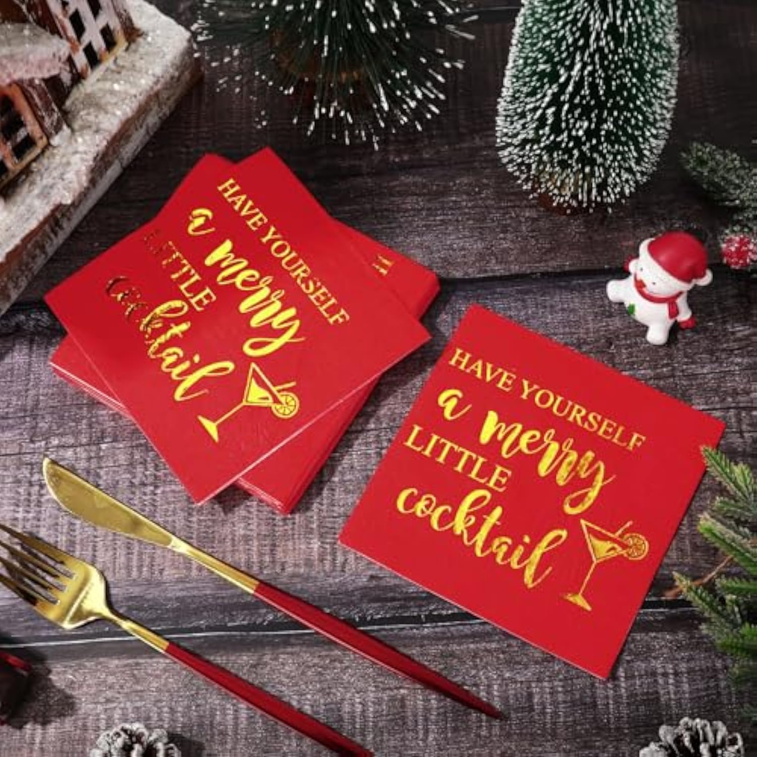 50Pcs Christmas Cocktail Napkin Red Gold Foil Disposable Paper Napkin Have Yourself A Merry Little Cocktail Beverage Napkin For Xmas Winter Party Supplies