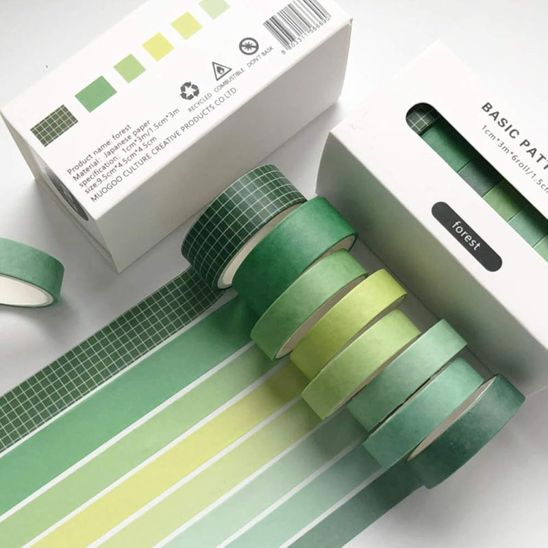 8 Rolls Washi Tape Set Basic Solid Color Green Plaid Grid Adhesive Decoration