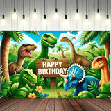 71×43" Dinosaur Jungle Birthday Banner with T-Rex & Triceratops Backdrop
