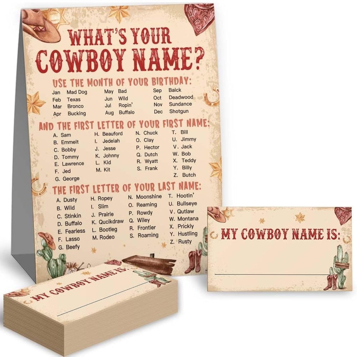What'S Your Cowboy Name Game Set, (1 Cowboy Theme Sign And 30 Name Cards), Birthday Game, Western Wild Birthday Party Supplies, Cowboy Party Supplies