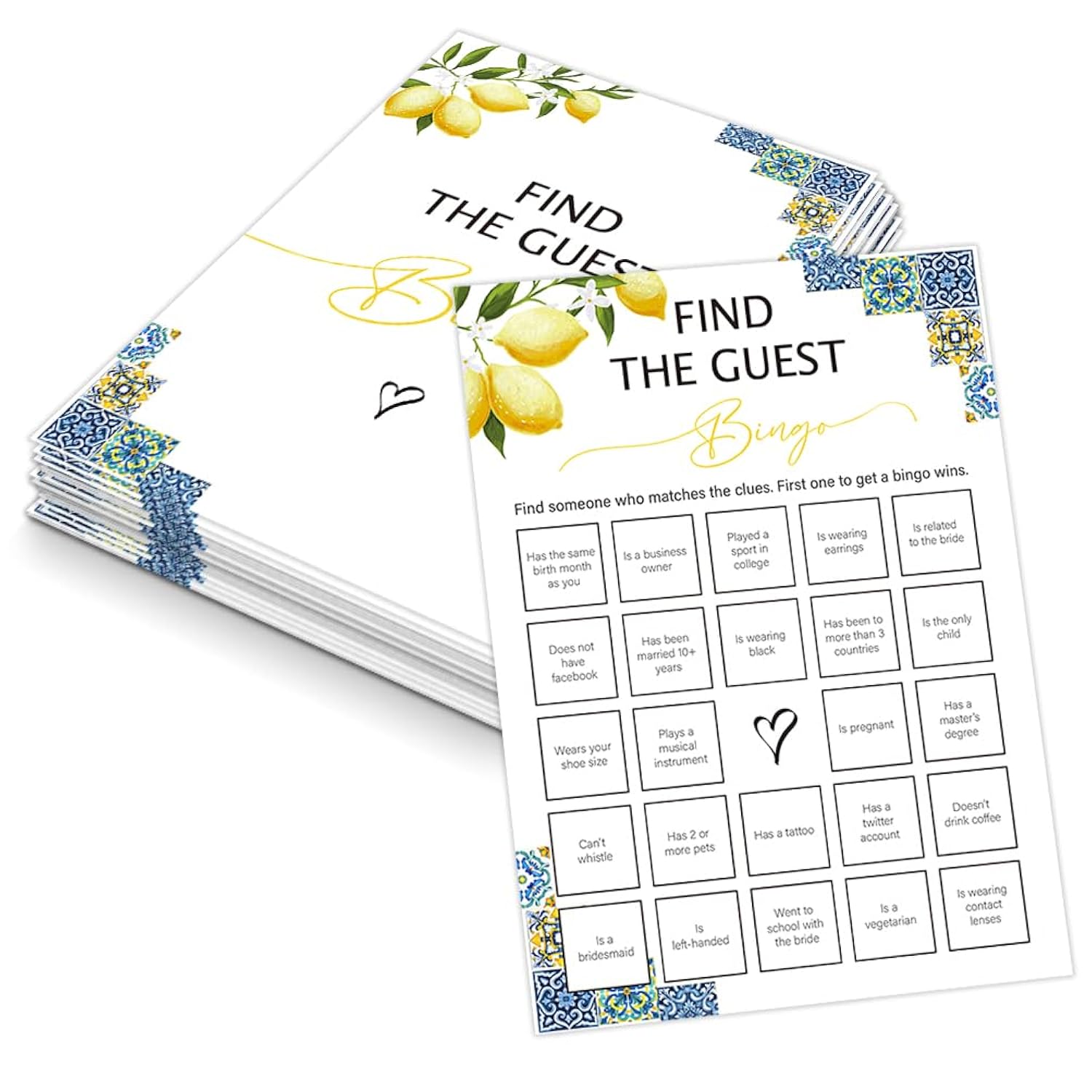 Blue Tiles And Lemons Find The Guest Bingo Game For 30 Guests With Game Cards, Lemons Bridal Shower Games, Modern Bridal Shower Decorations, Wedding Shower Or Bachelorette Party Supplies - 02