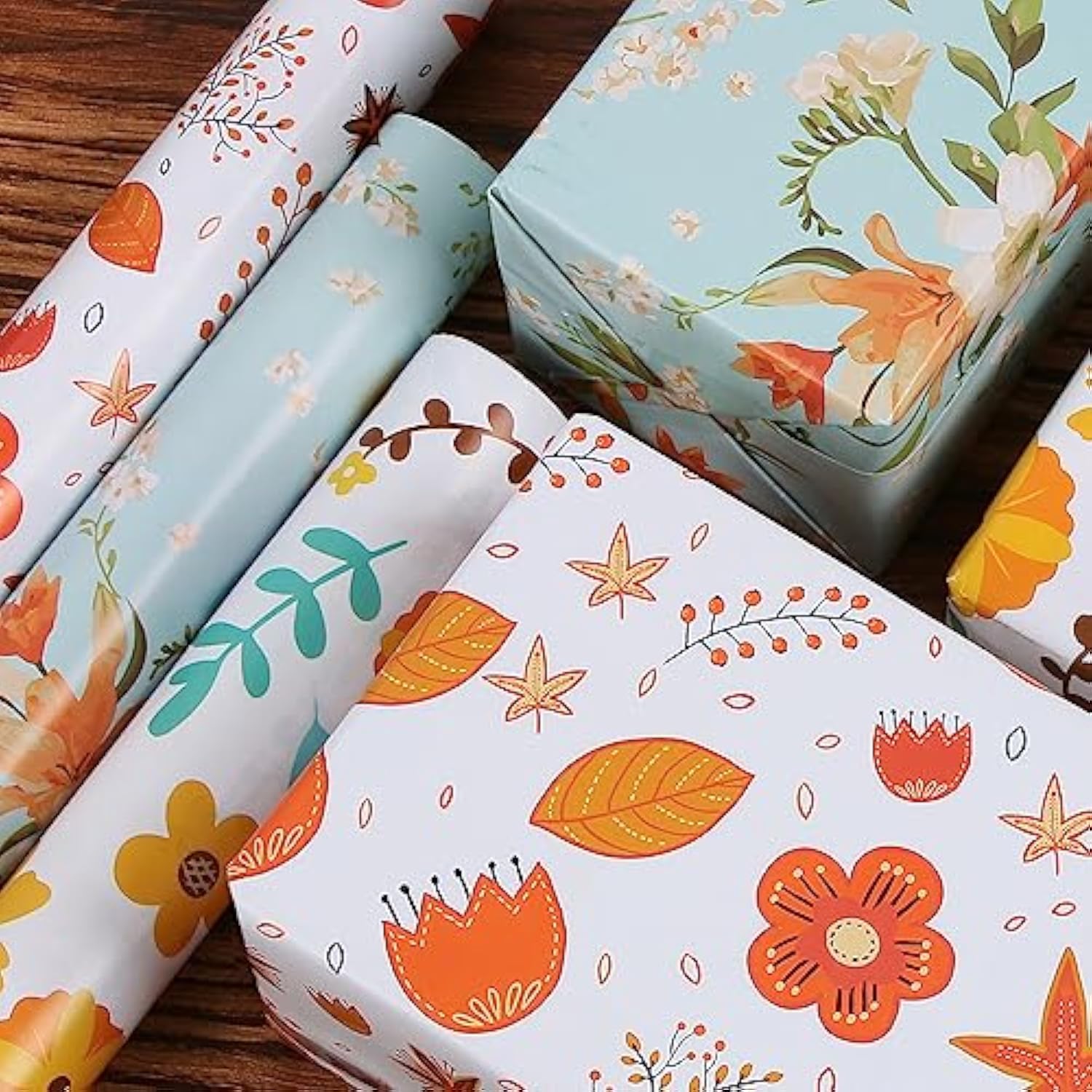Orange Floral Wrapping Paper Jumbo Roll 17 In X 60 Ft, All Accasion Flower Gift Wrap For Wedding Birthday Bridal Shower