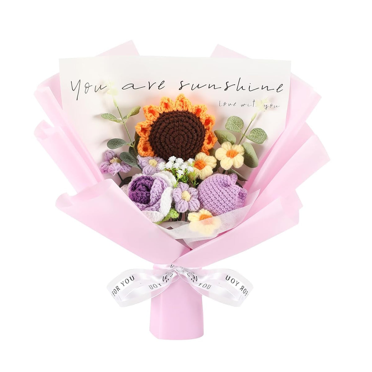 Crochet Flower Sunflower & Rose Bouquet Handmade Artificial Flower Knitted Bouquet For Festival Wedding Graduation Anniversary (Purple)