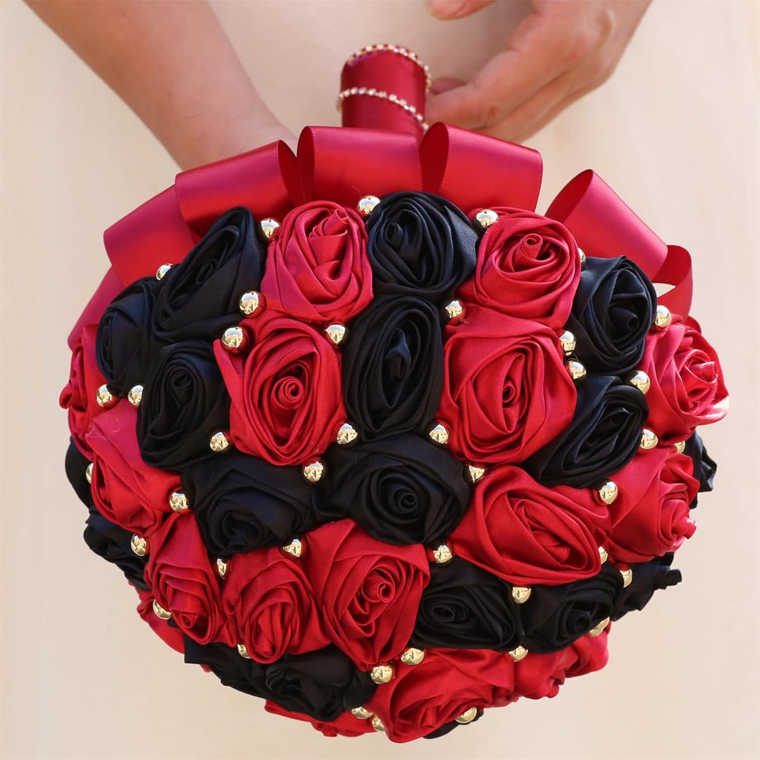 7.5" Ruby Red & Black Bridal Wedding Bouquet Round Holding Bouquet Throw Toss Artificial Rose Flower Bunch For Bride Bridesmaid Wedding Quinceanera