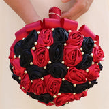 7.5" Ruby Red & Black Bridal Wedding Bouquet Round Holding Bouquet Throw Toss Artificial Rose Flower Bunch For Bride Bridesmaid Wedding Quinceanera