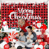 Plaid Christmas Balloons Garland Arch Kit With Merry Christmas Backdrop, Snowflake Tablecloth, Red White Balck Balloons, Xmas Decor Cane Foil Balloon For Christma Baby Shower Birthday Party