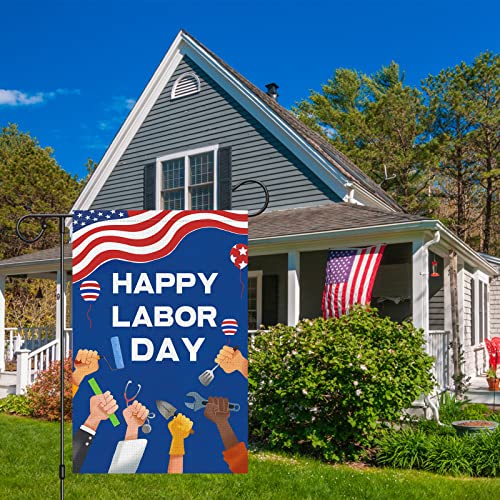 Happy Labor Day Garden Flag Working Tools Patriotic USA Flags 12 x 18 Double Sided Burlap Banner for Outdoor Outside Garden Farmhouse Celebrate Labor Day Decoration (ONLY FLAG)