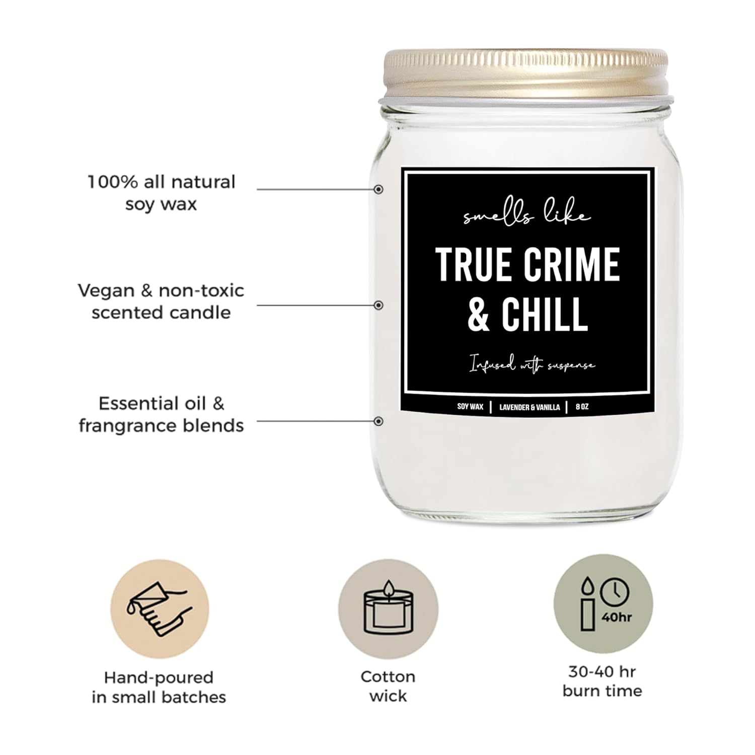 You Nique Designs True Crimes & Chill Scented Candle, 8 Oz, True Crime Gifts For Women, Serial Killer Gifts For Women, Crime Junkie Merch, All Natural Soy Vegan Candles (Lavender & Vanilla)
