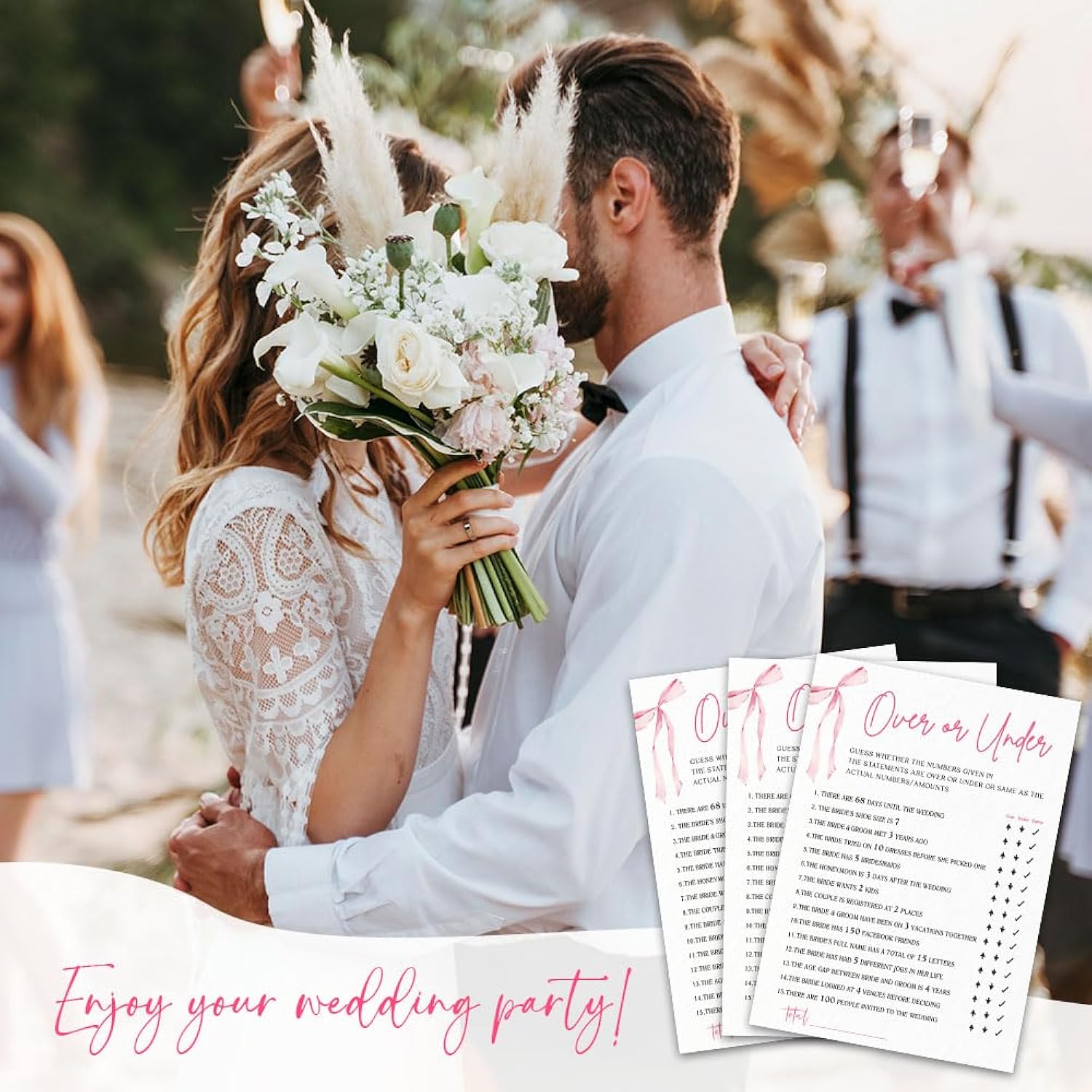 Wedding Game Set - 30 Pcs Pink Bow Over Or Under Engagement Game Cards, Bridal Shower Double-Sided Fill In Style Game Cards, Party Game & Activities - A04