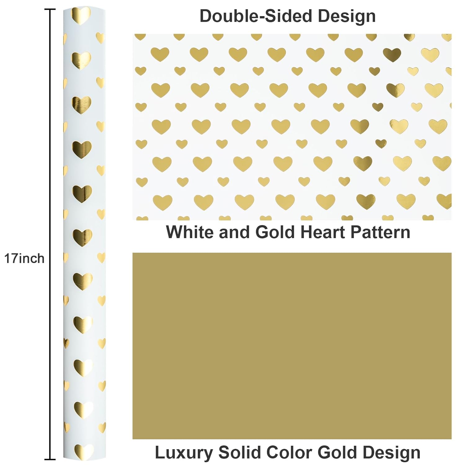 Wedding Wrapping Paper Roll, Heart Gift Wrapping Paper, Elegant Golden Heart Design Bridal Shower Gift Wrap For Birthday, Anniversary, Engagement, Valentine'S Day (17 Inch X 33 Feet)