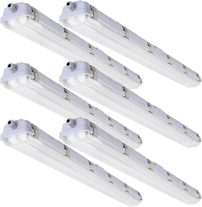 6 Pack 4FT LED Vapor Tight Lights 40W 5600LM 5000K IP65 Surface Mount Fixtures with T8 Tubes