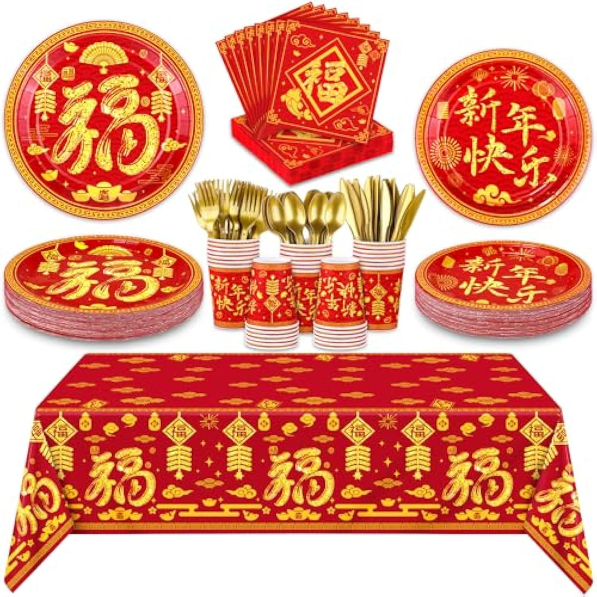 170Pcs Chinese New Year Tableware Set, Red & Gold Festival Design For 24 Guests, Includes Plastic Cutlery, Paper Plates, Cups & Napkins, Tablecloths, Spring Occasion
