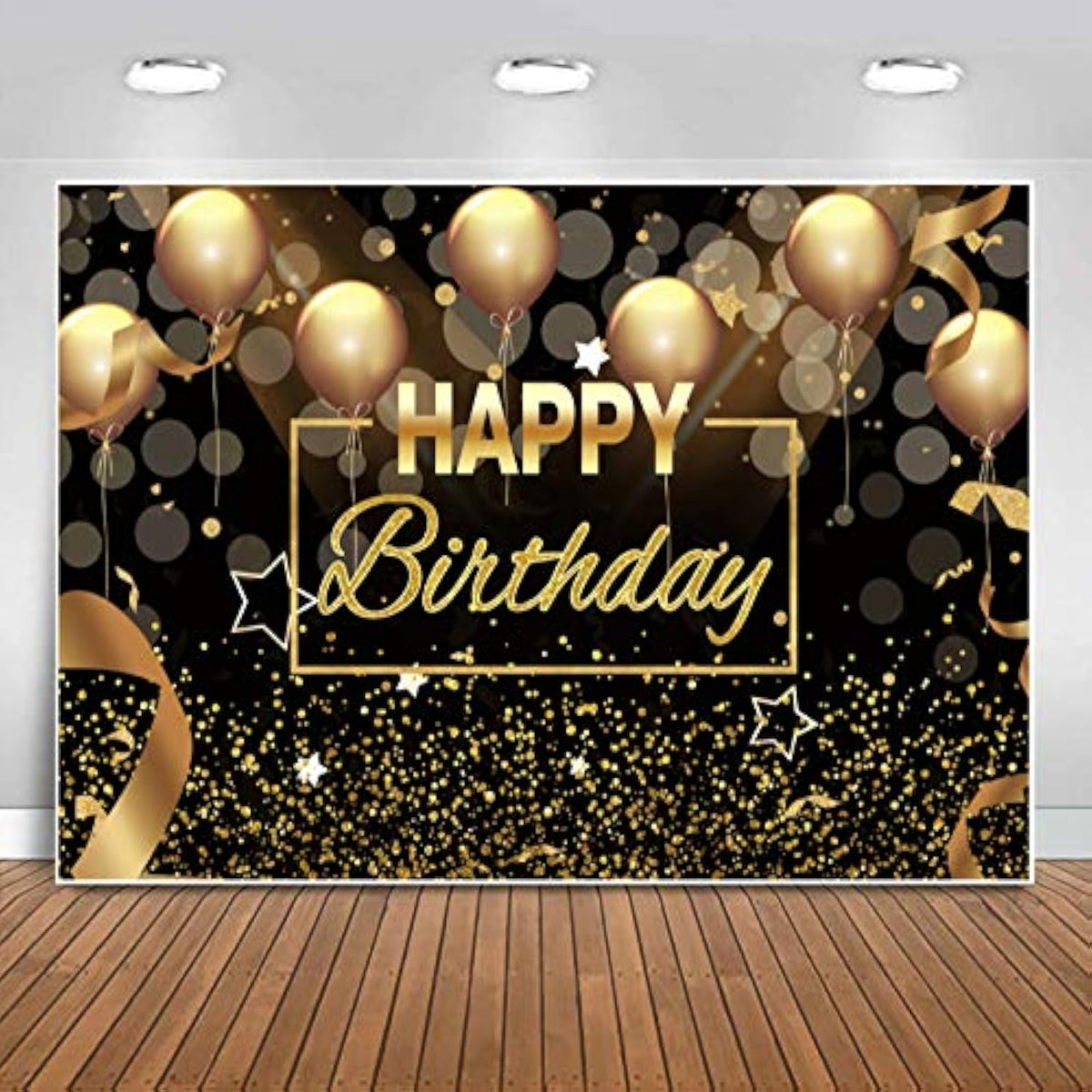 Happy Birthday Party Backdrop Banner Black Gold Balloons Glitter Bokeh Spots Men Women Bday Photography Background For Adult Birthday Cake Table Decoration Supplies Photo Booth Backdrops 8X6Ft