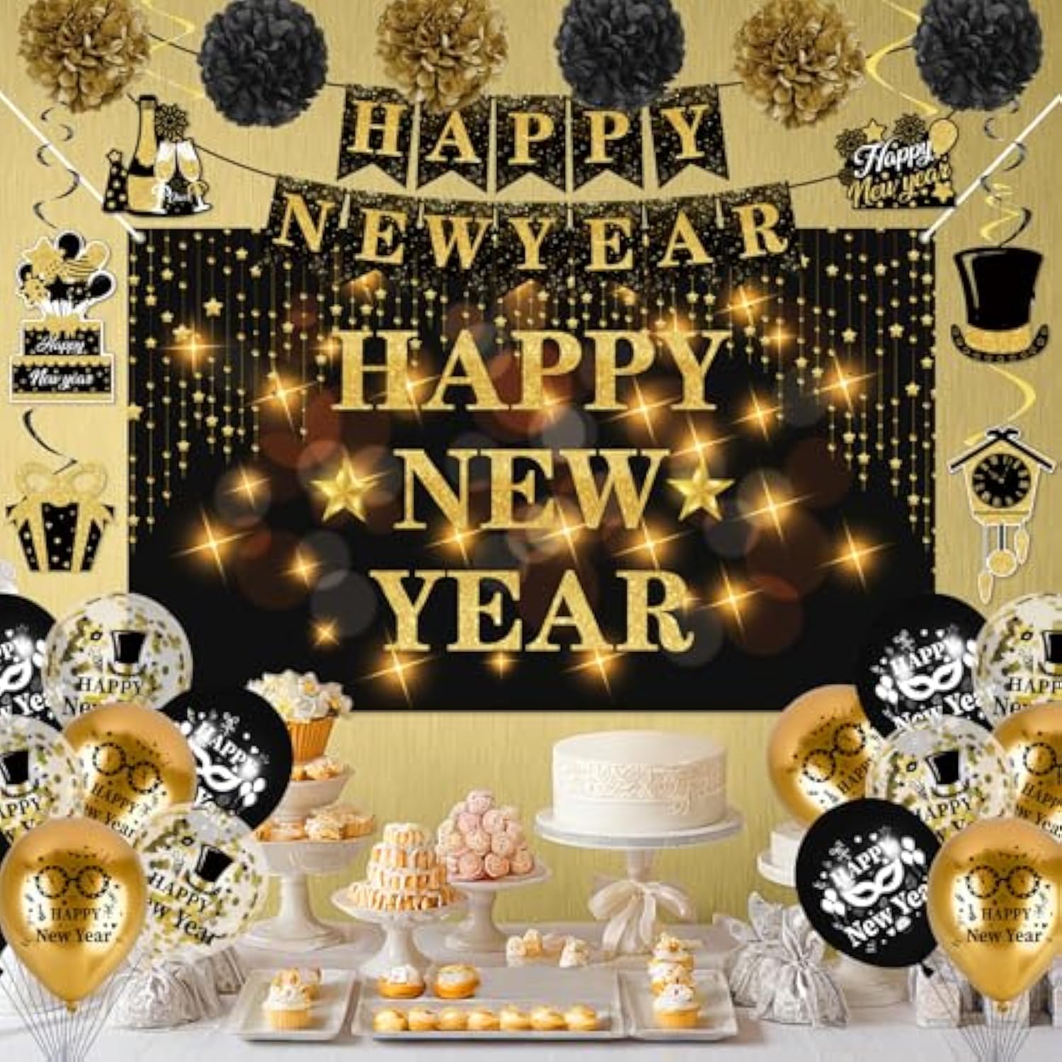 54pcs Black Gold Happy New Year 2026 Party Decor Kit with Banner and Balloons