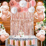 Upgraded Rose Gold Pink Party Decorations With Happy Birthday Banner, Curtains, Butterfly Wall, Circle Dots Garland, Tissue Pompoms, Paper Tassels Garland For Women'S Party Decorations