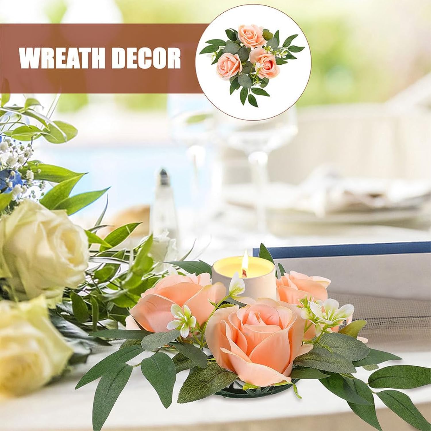 2Pcs Rose Candle Holder Flower Garland Candles Candle Rings Wreaths Artificial Rose Candle Ring Flower Candle Rings Flower Centerpieces Floral Candle Rings Wedding Props Cloth