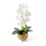 Orchids Artificial Flowers, 15" Faux Orchid In Gold Flower Pot Real Touch Flowers In Pot Large Flower Arrangements Artificial Centerpiece For Home Living Room Bathroom Kitchen Decoration (White)