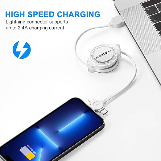 2 Pack 3 in 1 Retractable Charging Cable USB C Lightning Micro USB Fast Charger Cord