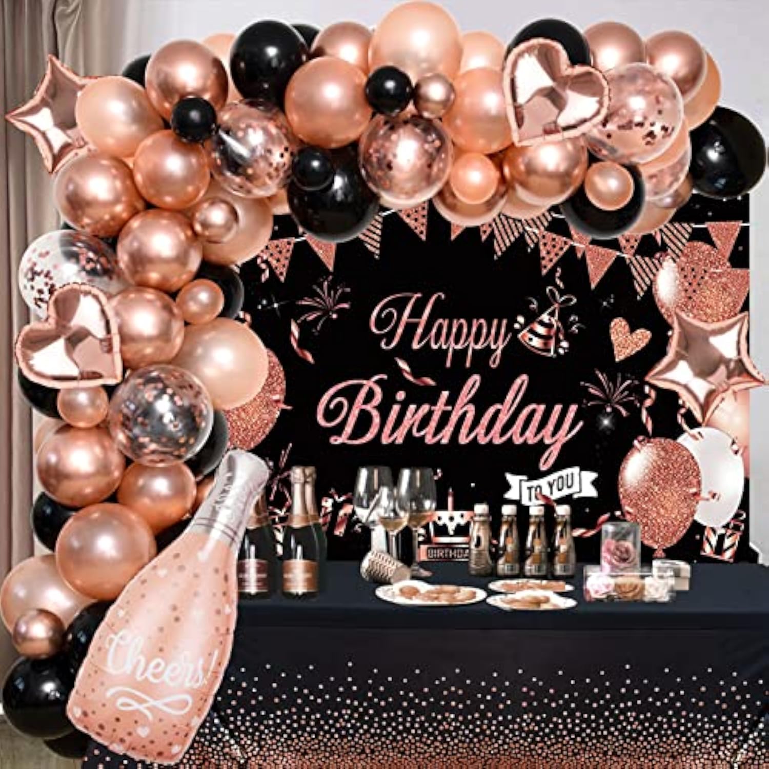 Rose Gold And Black Birthday Decorations For Women Teen Girls, Rose Gold Black Balloons Garland Arch Kit & Backdrop Tablecloth Champagne Star Heart Foil Balloon, Rose Gold Birthday Party Decor