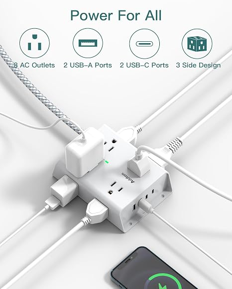 Surge Protector Power Strip 8 Wide Outlets 4 USB Ports 2 USB C 5FT Flat Plug Wall Mount White