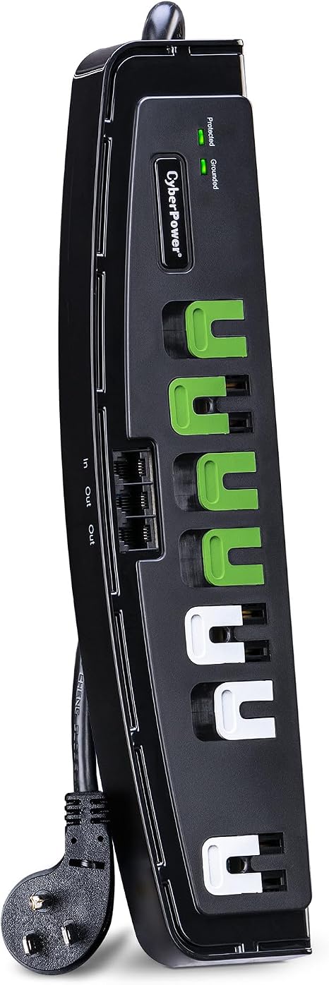 Black and Green Energy Saving Surge Protector Power Strip with 7 Outlets and 5FT Cord