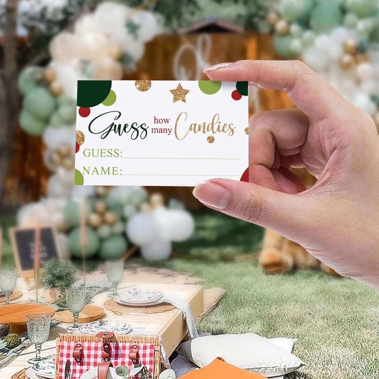 Guess How Many Candies Are In The Jar Christmas Kit (1 Standing Sign + 50 Guessing Cards), Christmas Gold Red Green Baby Shower, Bridal Shower Decoration, Christmas Game Insert Ticket