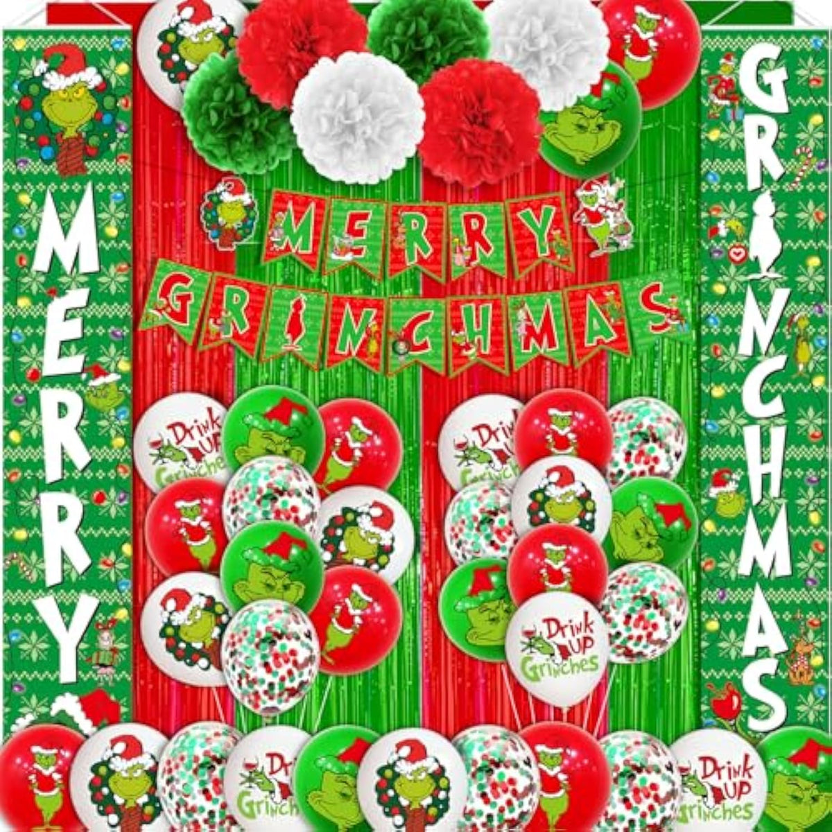 61Pcs Merry Christmas Decorations - Green Monster Door Banner & Porch Sign Hanging Banner For Outdoor Christmas Party Supplies