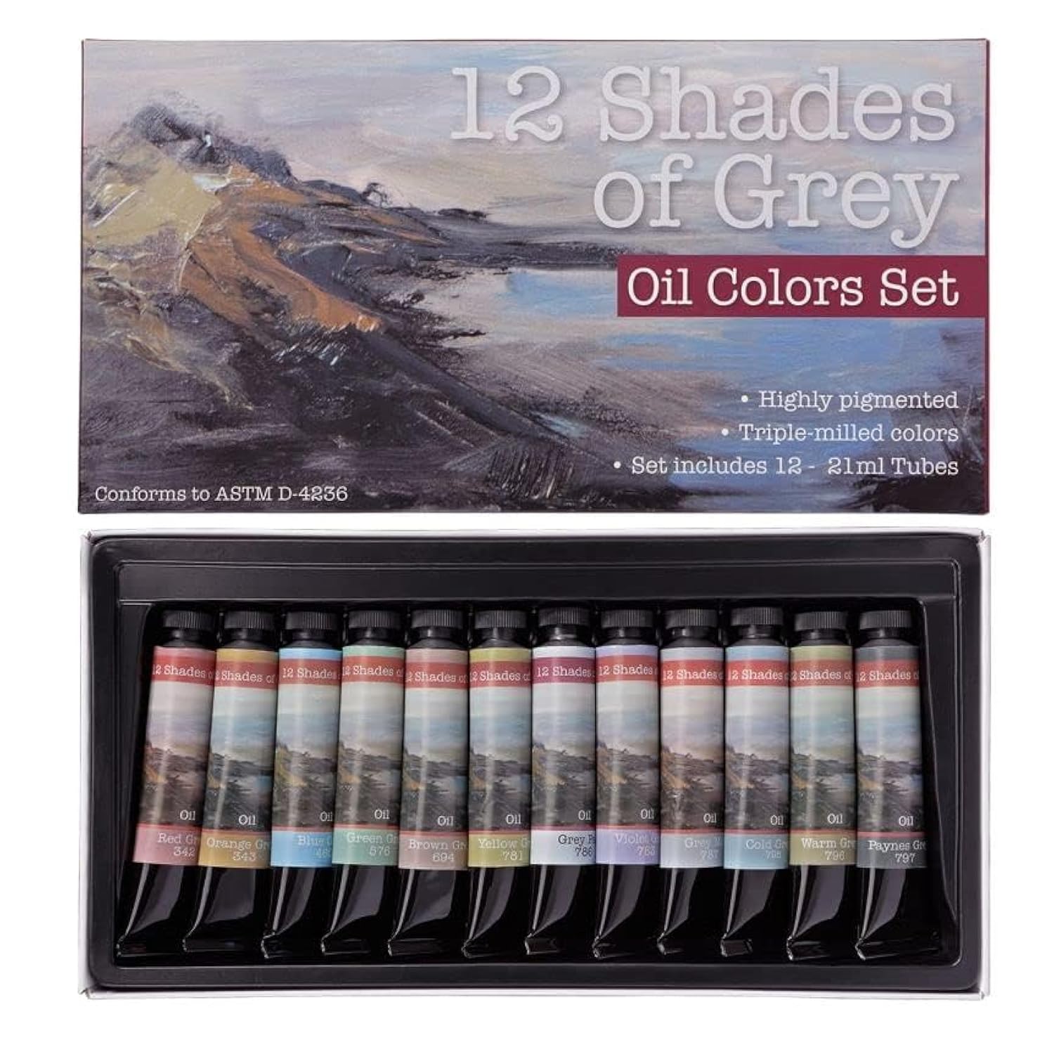 Artist Oil Colors, Set Of 12, 21Ml Tubes, Assorted, Highly Pigmented Triple Milled Rich Subtle Greys From The Tube