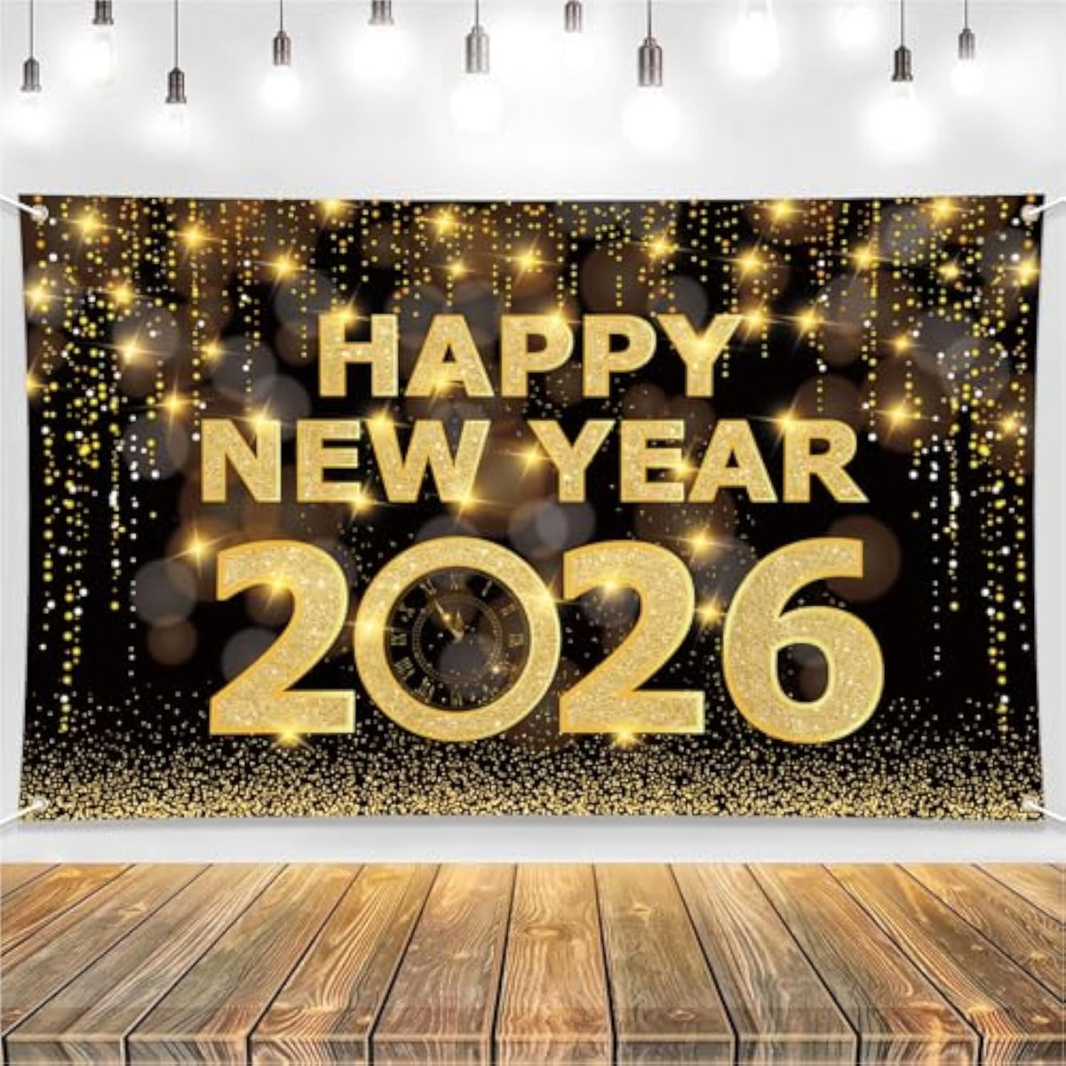 New Year 2026 Banner Backdrop Gold & Black Party Decoration