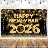 New Year 2026 Banner Backdrop Gold & Black Party Decoration