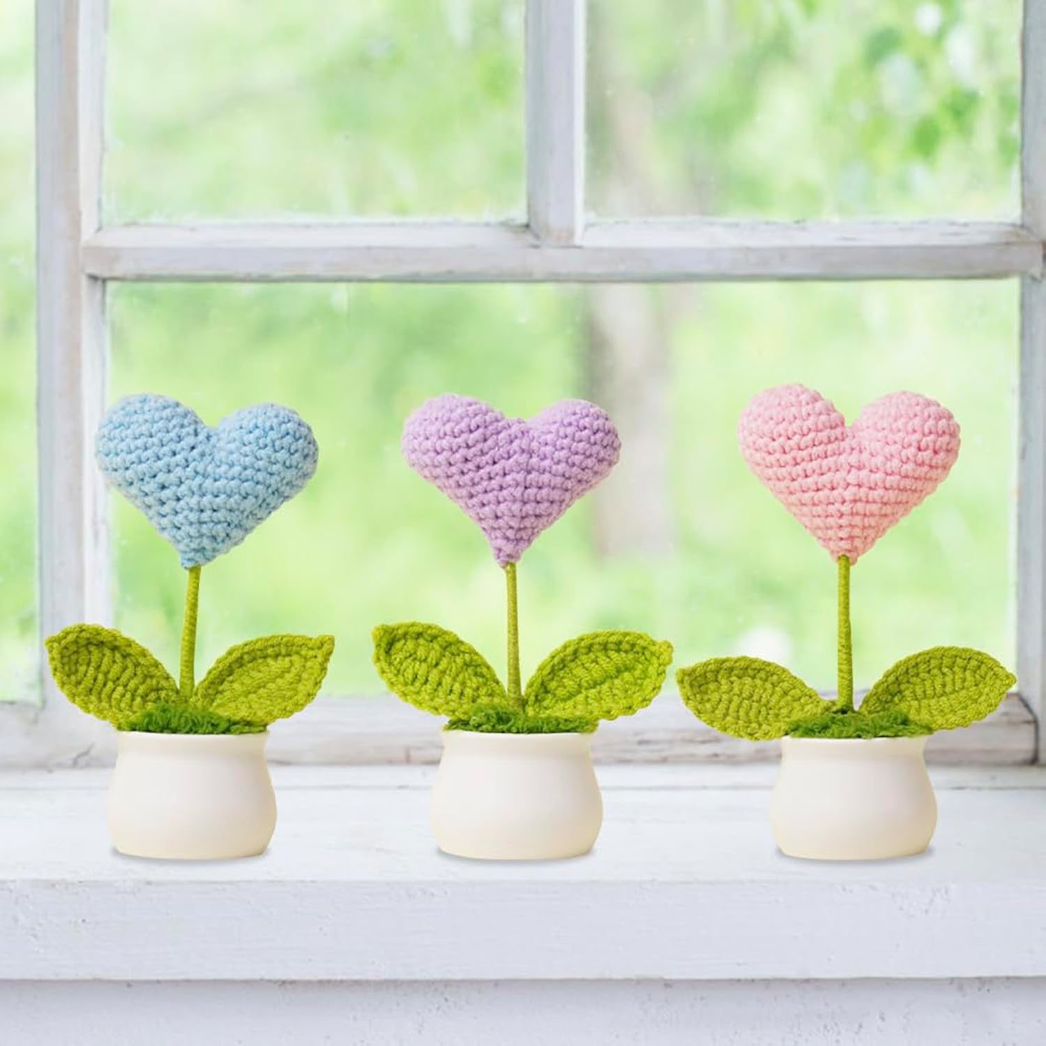 3 Pieces Mini Handmade Crochet Heart Flowers Potted Plants Artificial Knitted Heart Flower For Women Bulk Teacher Appreciation Presents,Purple+Blue+Pink Love
