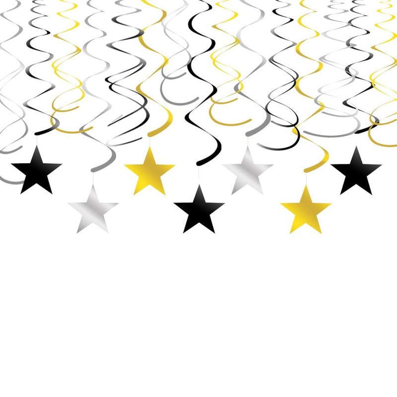 Gold Silver Black Star Hanging Swirl Decorations Stars Streamers Foil