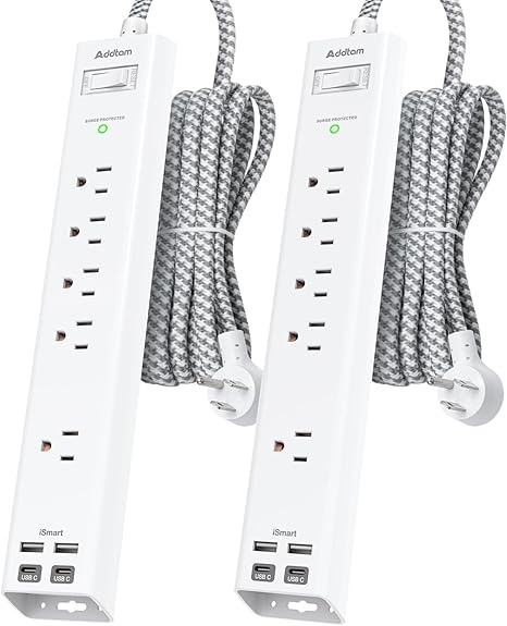2 Pack Surge Protector Power Strip 6FT Extension Cord with 5 Outlets 4 USB Ports 2 USB C Flat Plug 1080J