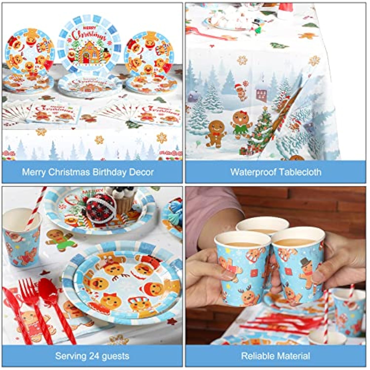194 Pcs Merry Christmas Party Supplies For 24 Guests Gingerbread Christmas Tableware Set Includes Disposable Paper Plates Napkins Cups Straw Plastic Tablecloth Cover Knife Fork Spoon Xmas Decorations