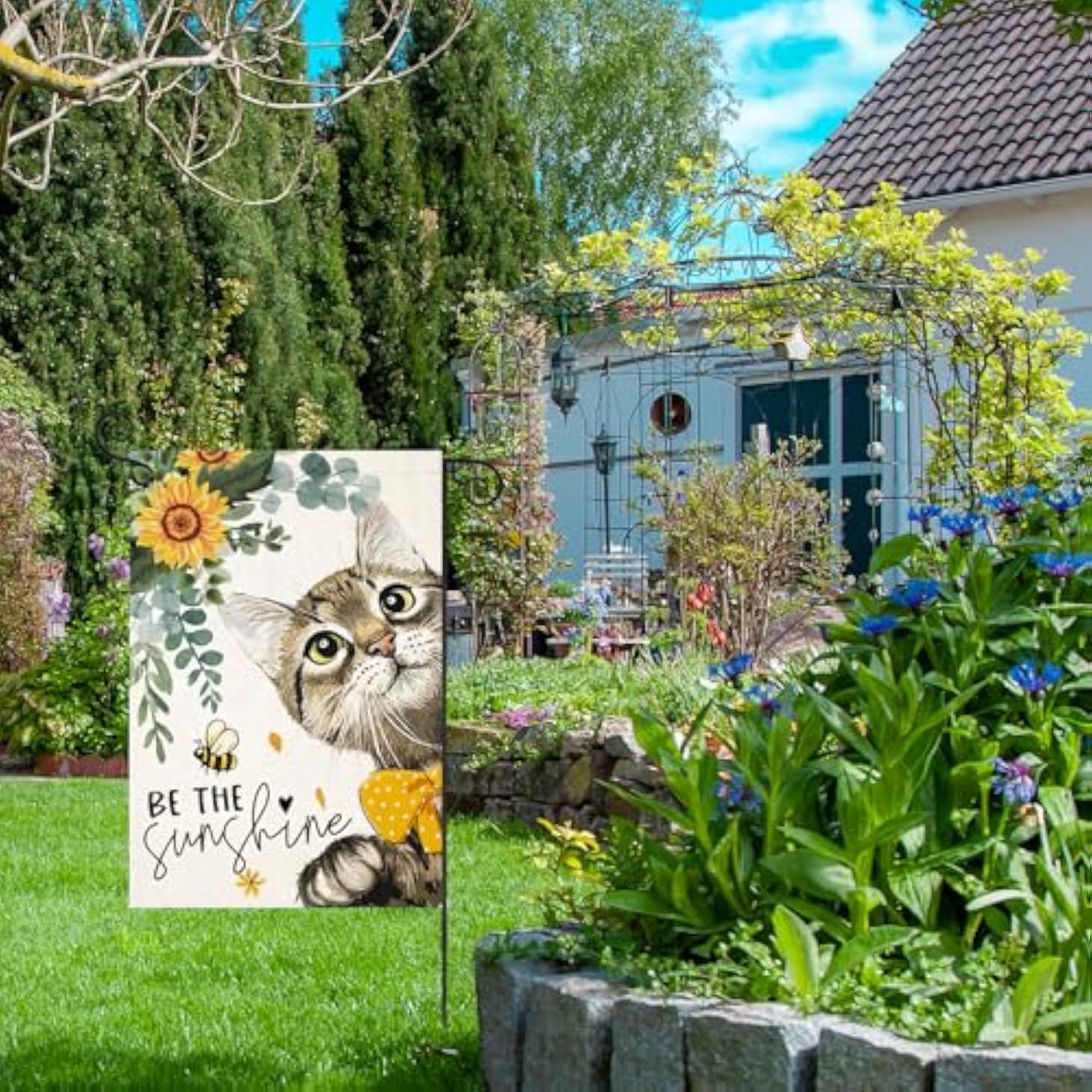 Spring Cat Garden Flag For Outside 12X18 Double Sided,Be The Sunshine Cat With Sunflowers Small Yard Flags,Summer Seasonal Decor For Farmhouse Holiday Outdoor